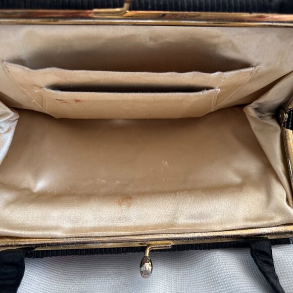 VINTAGE 1950s Black Pleated Evening Clutch w Gold Satin & Mirror - Picture 3 of 7
